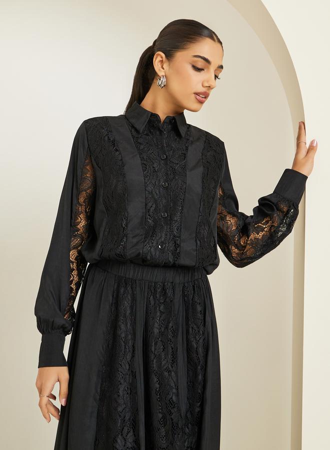 Styli Women Black Lace Top with Maxi Skirt Co-Ords - Image 2