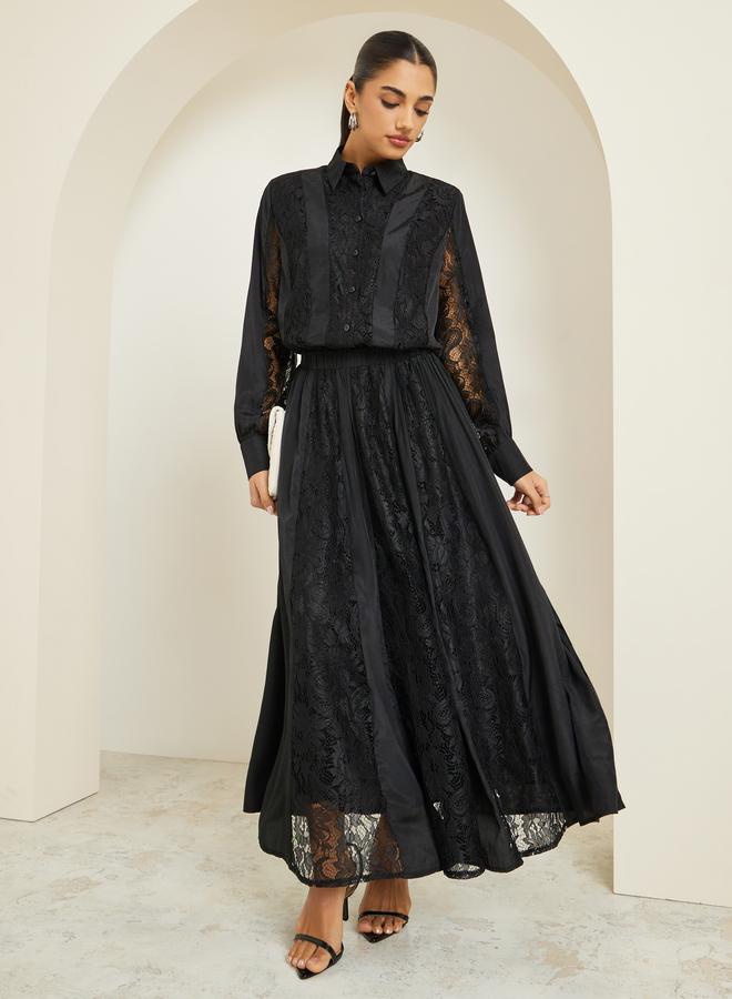 Styli Women Black Lace Top with Maxi Skirt Co-Ords - Image 1