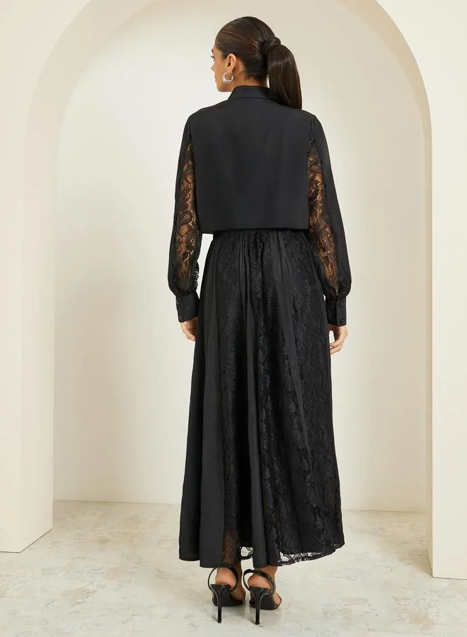 Styli Women Black Lace Top with Maxi Skirt Co-Ords