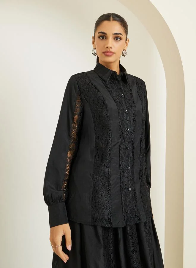 Styli Women Black Lace Top with Maxi Skirt Co-Ords