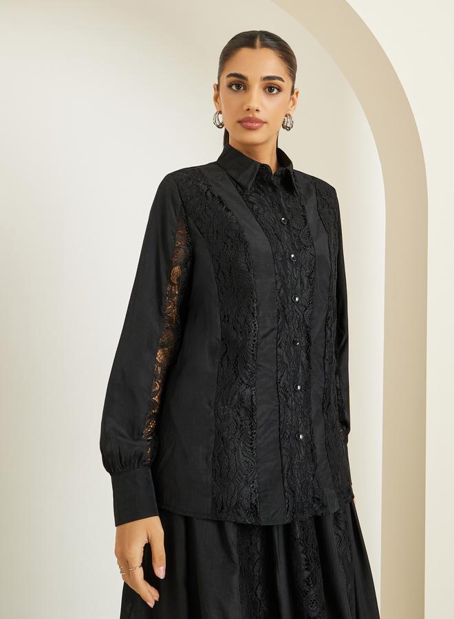 Styli Women Black Lace Top with Maxi Skirt Co-Ords - Image 3