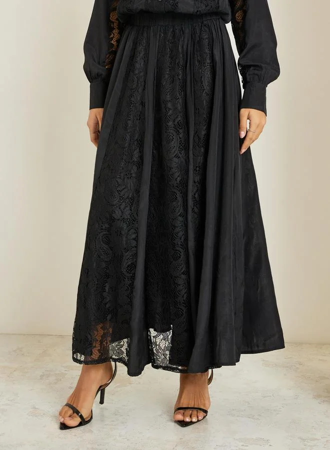 Styli Women Black Lace Top with Maxi Skirt Co-Ords
