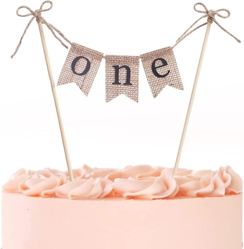SVM CRAFT® One cake topper, one year cake topper, Handmade Birthday Cake Topper Decoration - Burlap ONE Cake Topper - Birthday Decorations (BLACK letters) - Image 1