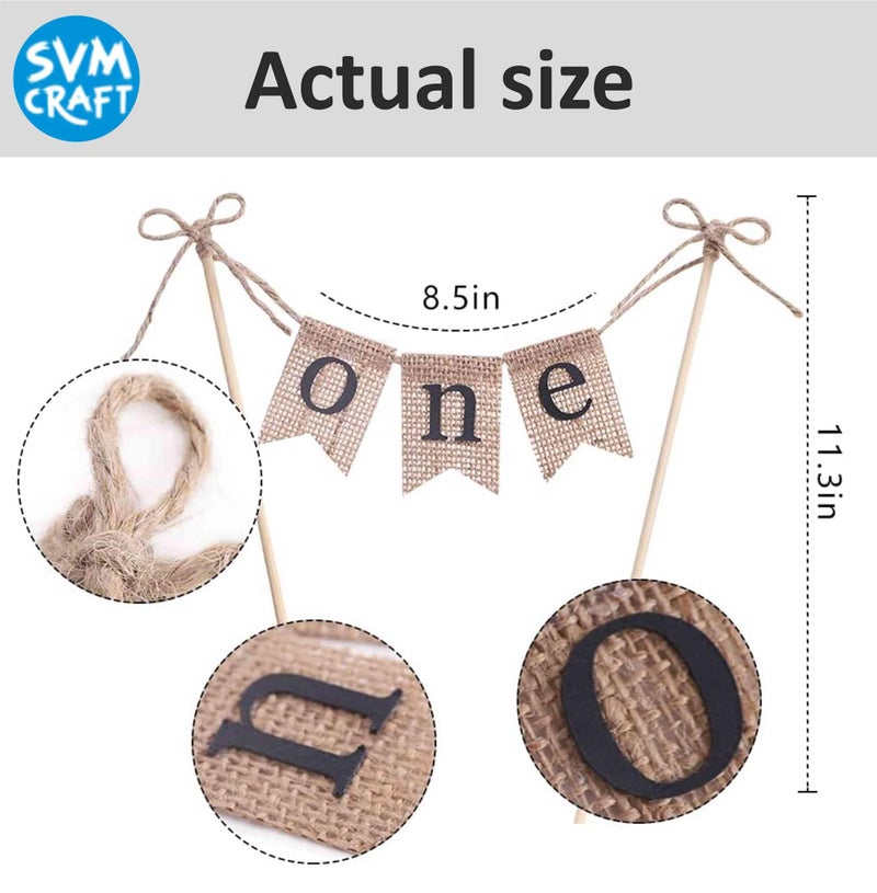 SVM CRAFT® One cake topper, one year cake topper, Handmade Birthday Cake Topper Decoration - Burlap ONE Cake Topper - Birthday Decorations (BLACK letters) - Image 2