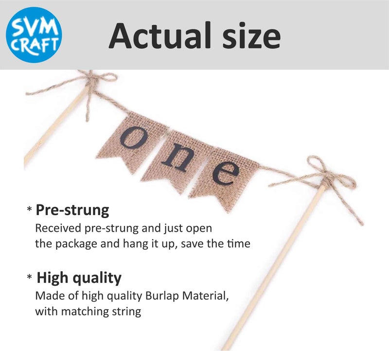 SVM CRAFT® One cake topper, one year cake topper, Handmade Birthday Cake Topper Decoration - Burlap ONE Cake Topper - Birthday Decorations (BLACK letters) - Image 3