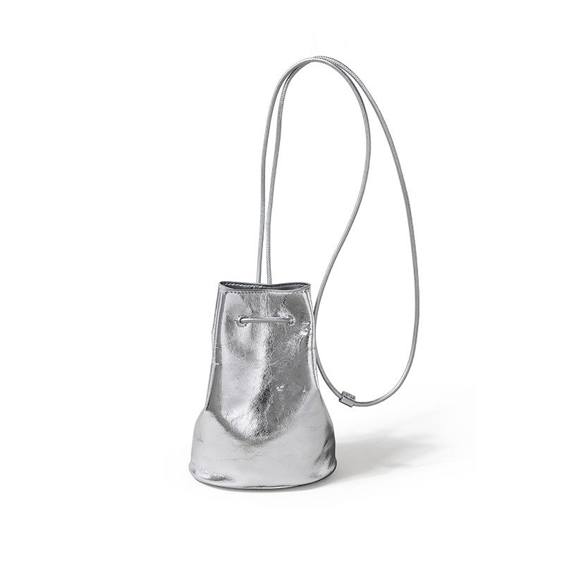 Genuine Leather Bucket Bag – Korean Style Drawstring Crossbody for Women - Image 1