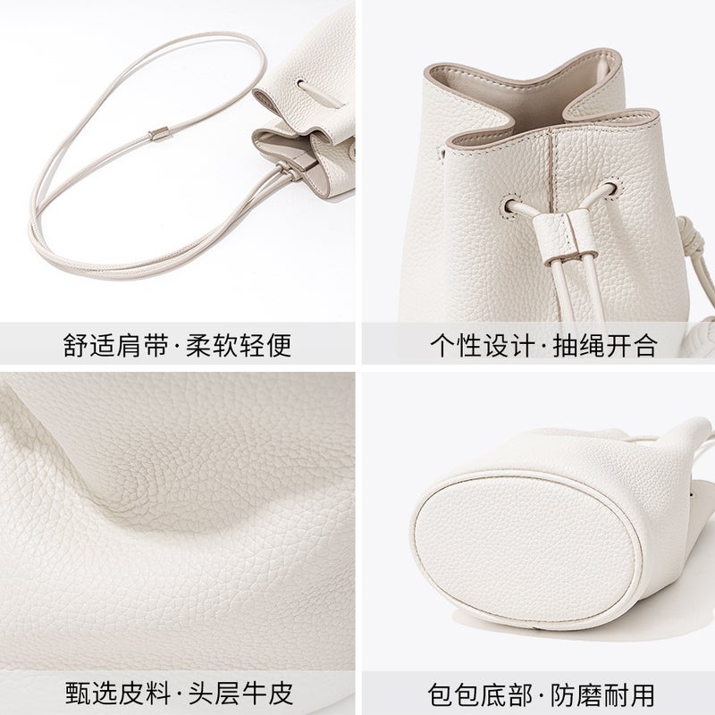 Genuine Leather Bucket Bag – Korean Style Drawstring Crossbody for Women - Image 5