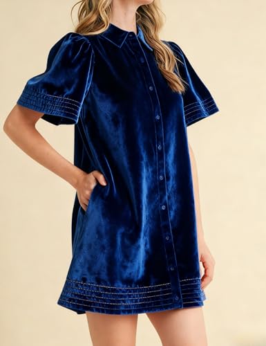 Meyhad Women's Velvet Shirt Dress Lapel Button Down Short Puff Sleeve Mini Dresses Fall Winter Dress with Pockets (1026-RoyalBlue-L) - Image 4
