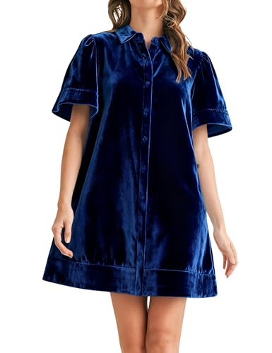 Meyhad Women's Velvet Shirt Dress Lapel Button Down Short Puff Sleeve Mini Dresses Fall Winter Dress with Pockets (1026-RoyalBlue-L) - Image 1