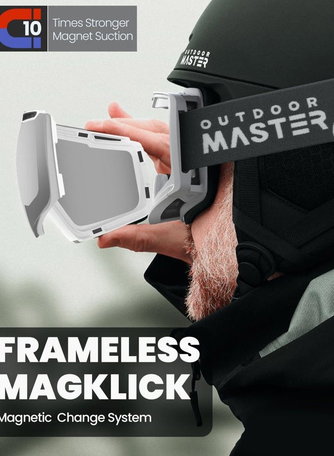OutdoorMaster Heron Ski Goggles with 2 Lens, Frameless, Magnetic Interchangeable HD Toric Lens, OTG Snowboard Goggles(WhiteFrame Silver Vlt 10% + YellowLens) - Image 4