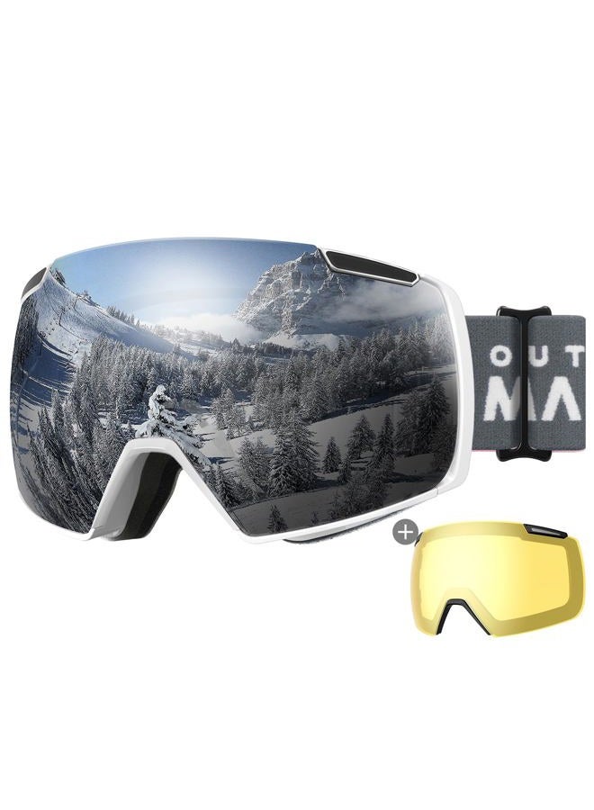 OutdoorMaster Heron Ski Goggles with 2 Lens, Frameless, Magnetic Interchangeable HD Toric Lens, OTG Snowboard Goggles(WhiteFrame Silver Vlt 10% + YellowLens) - Image 1
