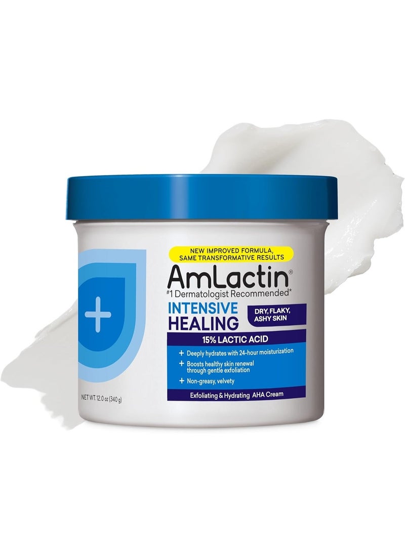 AmLactin Intensive Healing Body Cream – 12 oz Tub – 2-in-1 Exfoliator and Moisturizer for Dry Skin with 15% Lactic Acid and Ceramides for 24-Hour Moisturization - Image 1