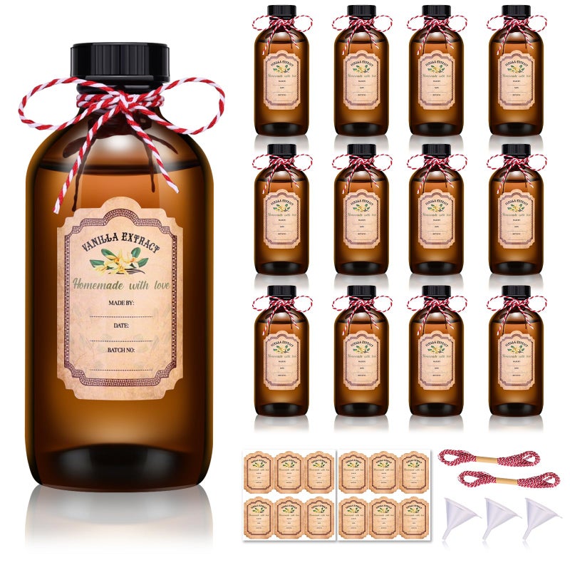 Dualshine 12 Pack Amber Glass Bottles for Vanilla Extract Homemade 8 ozVanilla Extract BottlesBrown Boston Round Bottle with Caps and StickersGlass Food Storage Canister for Syrup Beans Sauce Essential Oil - Image 2