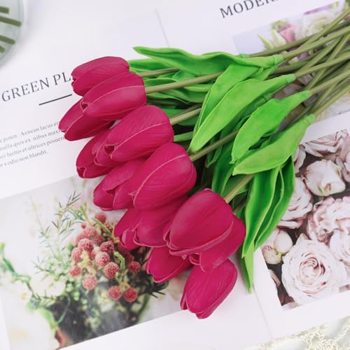 Beferr 18pcs Tulips Artificial Flowers Faux Tulip Real Touch Fake Flowers Bouquets Arrangements for Mothers Day Easter Spring Flowers Gifts Home Table Decor Rose Red - Image 3