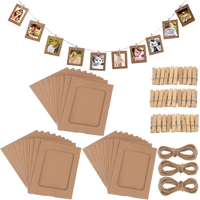30 PCS Bespoke Computer Cut Photo Frame Pack of 30 Frame Size 6x4 with Wooden Clips and String Hanging Cardboard Home Wall Decor Brown