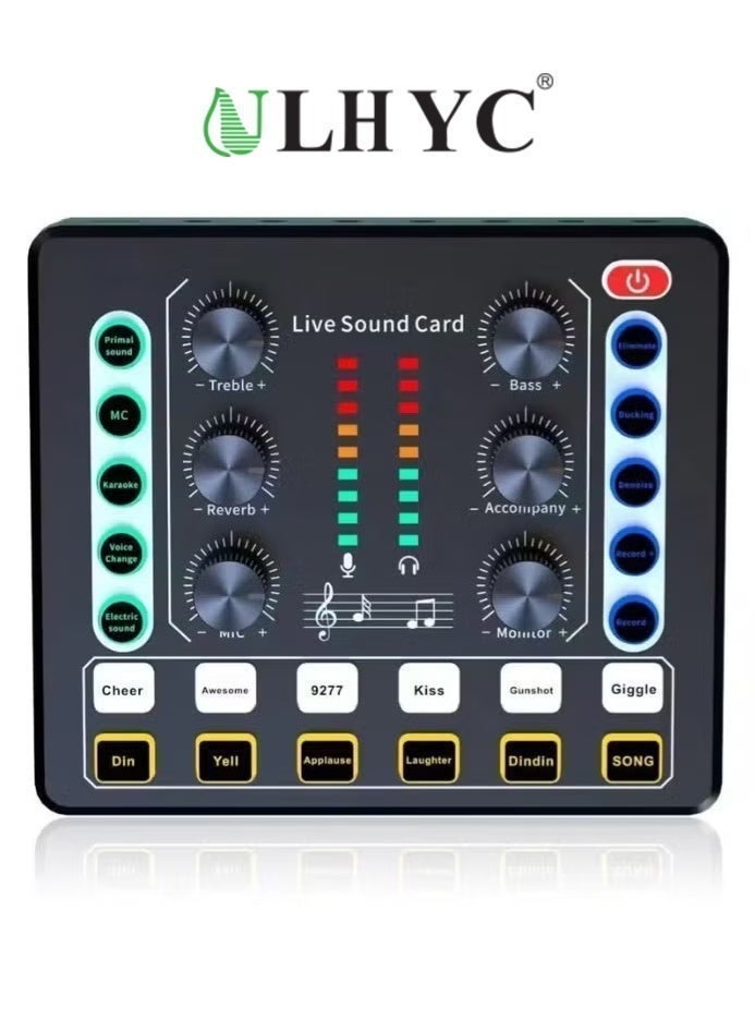 يو إل اتش واي سي بطاقة صوت M8 Live مزودة بشريحة معالجة الإشارات الرقمية (DSP) واثني عشر صوتًا محيطيًا وأربعة أنواع من تغييرات الصوت. مثالية للبث المباشر، وخلاط الدي جي، وتسجيل الموسيقى، والجيتارات، وتطبيقات TikTok وFacebook وYouTube، بالإضافة إلى منفذ USB وبلوتوث. اللون أسود. - Image 1