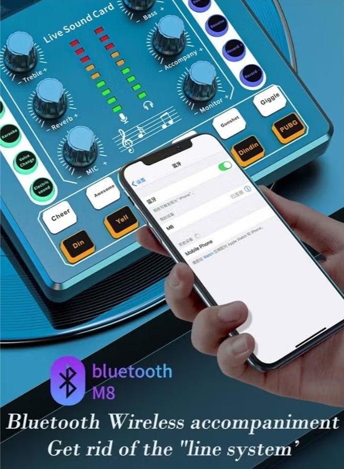 يو إل اتش واي سي بطاقة صوت M8 Live مزودة بشريحة معالجة الإشارات الرقمية (DSP) واثني عشر صوتًا محيطيًا وأربعة أنواع من تغييرات الصوت. مثالية للبث المباشر، وخلاط الدي جي، وتسجيل الموسيقى، والجيتارات، وتطبيقات TikTok وFacebook وYouTube، بالإضافة إلى منفذ USB وبلوتوث. اللون أسود. - Image 5
