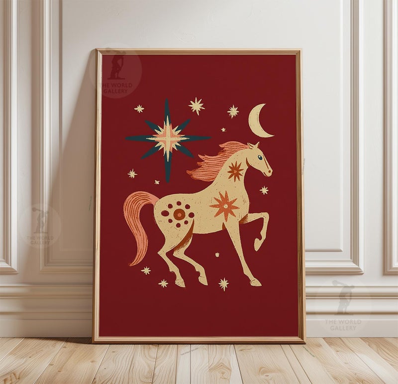 TNESSENTIAL Celestial Horse Poster | Folk Art Star Wall Art | Mystical Animal Illustration Print - Image 1