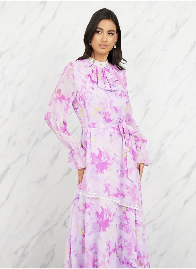 Styli Lace Trim All Over Print Ruffle Neck A-Line Maxi Dress