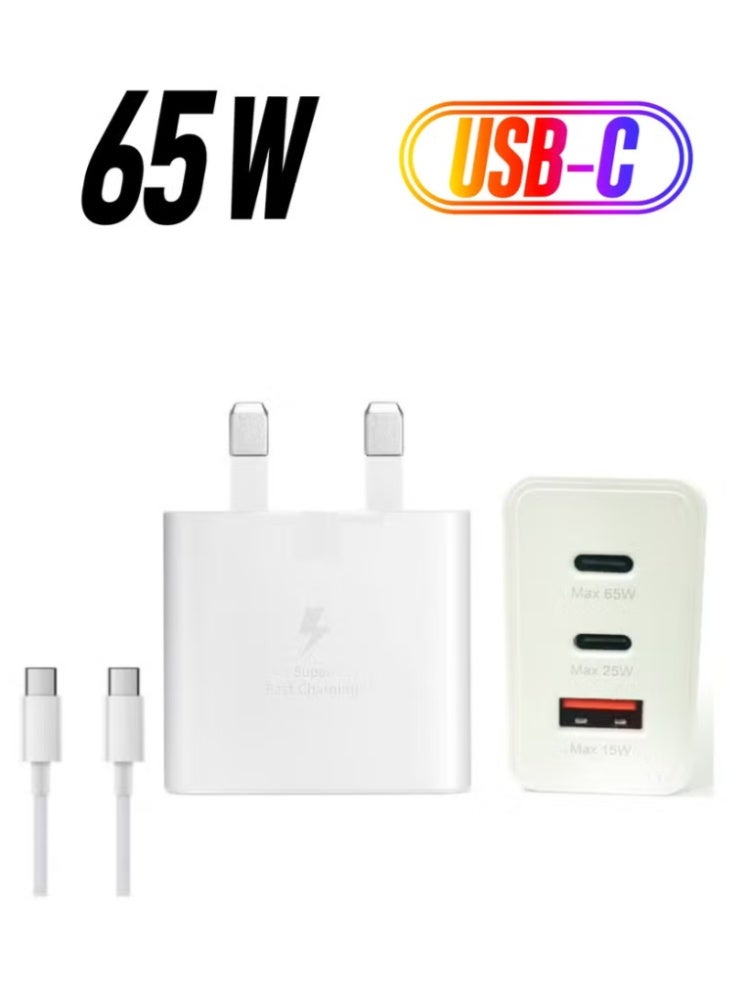SHOPI 65W Fast Charging Power Adapter with 2 USB-C Ports & 1 USB-A Port – Multi-Port USB Charger with USB-C to USB-C Cable for Smartphones, Tablets & Laptops - Image 1