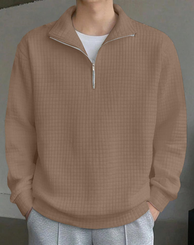 KAJARU Men's Textured Half-Zip Short Sleeve Sweatshirt - Casual Summer Pullover Top (in, Alpha, L, Regular, CHIKU) - Image 4
