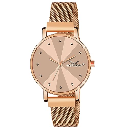 LOUIS DEVIN Rose Gold Plated Mesh Chain Analog Wrist Watch for Women (Rose Gold Dial) | LD-RG173-RG - Image 1