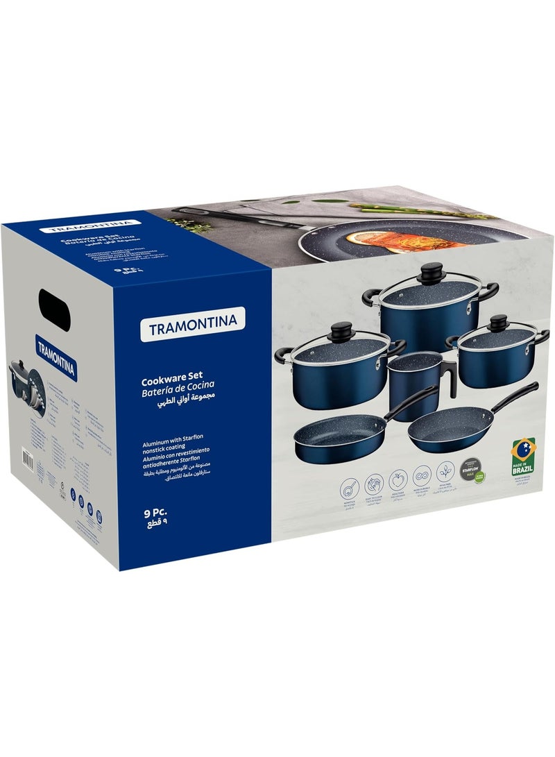 9 Pieces Blue Aluminum Cookware Set with Interior and Exterior Starflon Max Nonstick Coating - Image 2