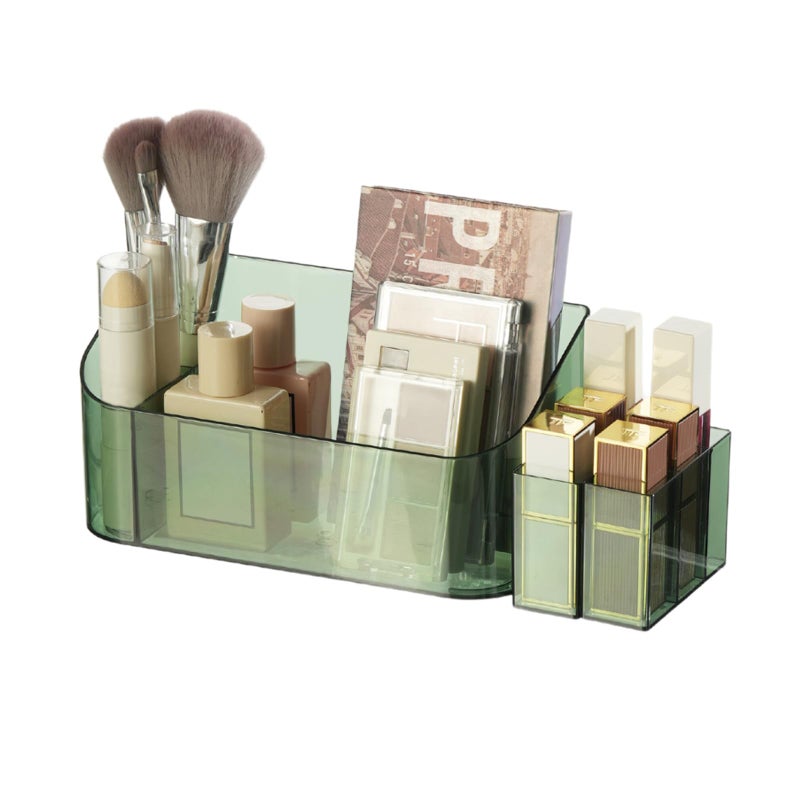 SUNFICON Makeup Tray Holder Organizer Cosmetic Display Case Tabletop Desktop Vanity Countertop Bathroom Wall Cabinet Medicine Storage Box 9 Dividers 2 Removable for Womens Ladies Girls Crystal Green - Image 1