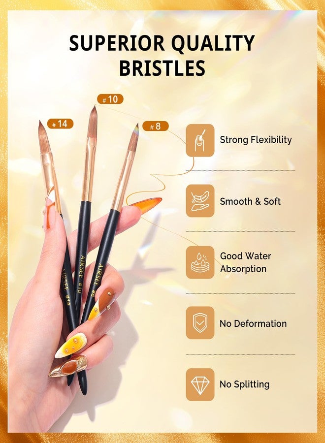 AIRSEE 3Pcs Acrylic Nail Brush Set, Size 8/10/14 Professional Manicure Brushes for Acrylic Powder Nail Art Extension, 3D Carving for DIY Salon Home, 3A+ Nylon, Black Premium Handle - Image 2