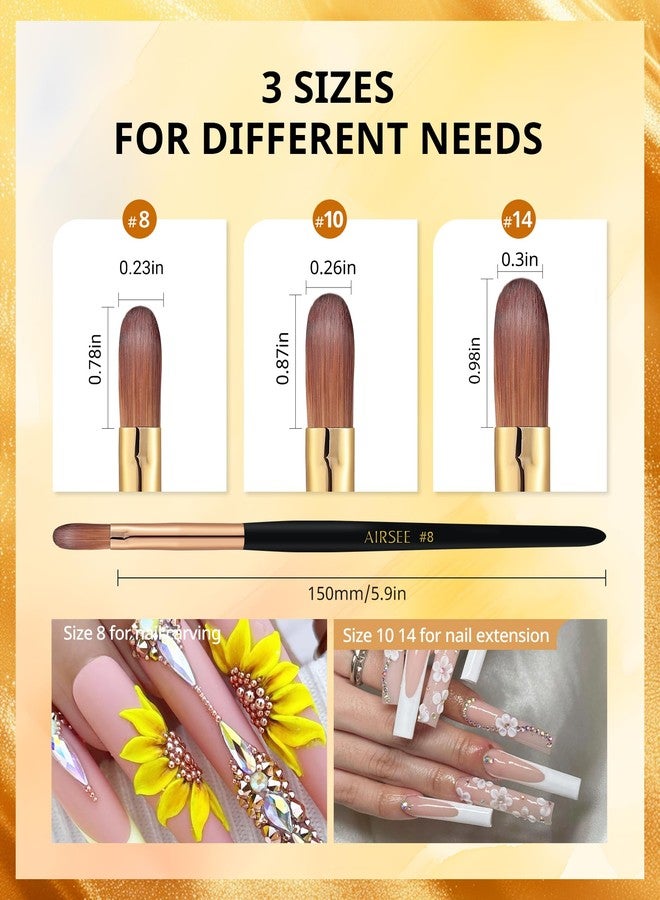 AIRSEE 3Pcs Acrylic Nail Brush Set, Size 8/10/14 Professional Manicure Brushes for Acrylic Powder Nail Art Extension, 3D Carving for DIY Salon Home, 3A+ Nylon, Black Premium Handle - Image 5