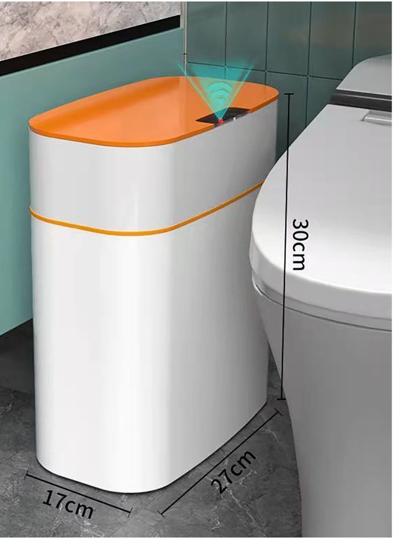 Merry Moments Smart Touchless Bathroom Trash Can Automatic Motion Sensor Trash Can Electric Waterproof Modern Garbage Bin for Kitchen Office Living Room Toilet Bedroom Chargeable 14 Litre Orange Lid 17x27x30cm  - Image 1