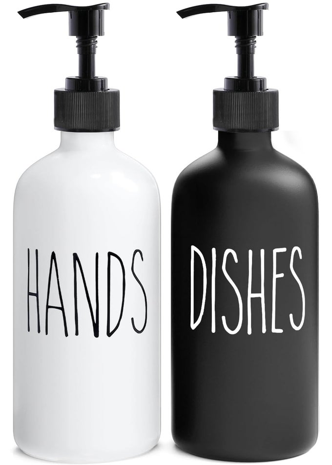 SOAP DISPENSER SET 2 PACK CONTAINS HAND AND DISH SOAP DISPENSER PERFECT FOR BLACK AND WHITE KITCHEN DECOR BLACK WHITE