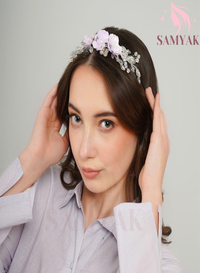 Samyak Pearl & Crystal Hair Band Accessories For Women & Girls, Stylish Tiara Headband For Wedding Party Juda Bun Fashion For Bridal Hair Decoration Accessory (Pearl & Crystal, Purple) - Image 2