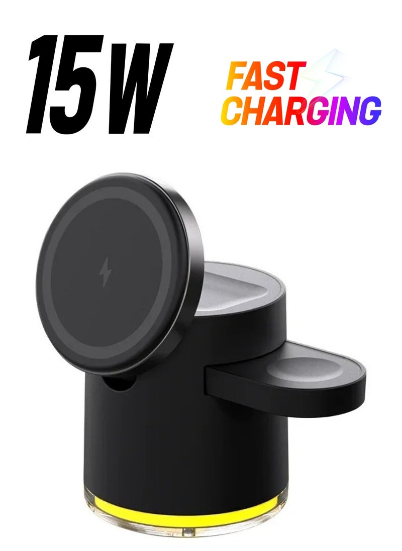 KAKUSIGA 4-in-1 Wireless Fast Charging Stand with light 15W max for phone watch TWS earphone wireless charging charger for iphone 15, 14, 13, 12, 11 Pro, Apple Watch, 8, 7, Airpods Pro (Black)  - Image 1