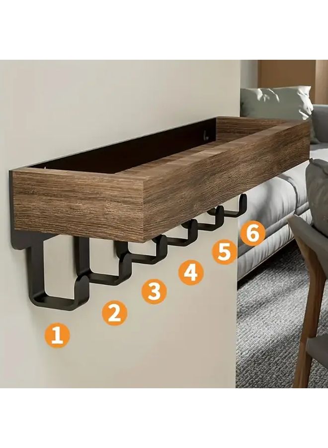 Brown Floating Shelf With 6 Hooks Wall Mounted Storage For Keys Mail Decor - Image 2