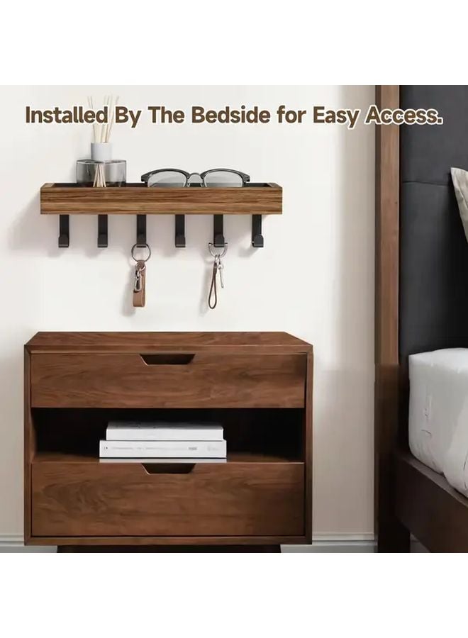 Brown Floating Shelf With 6 Hooks Wall Mounted Storage For Keys Mail Decor - Image 4