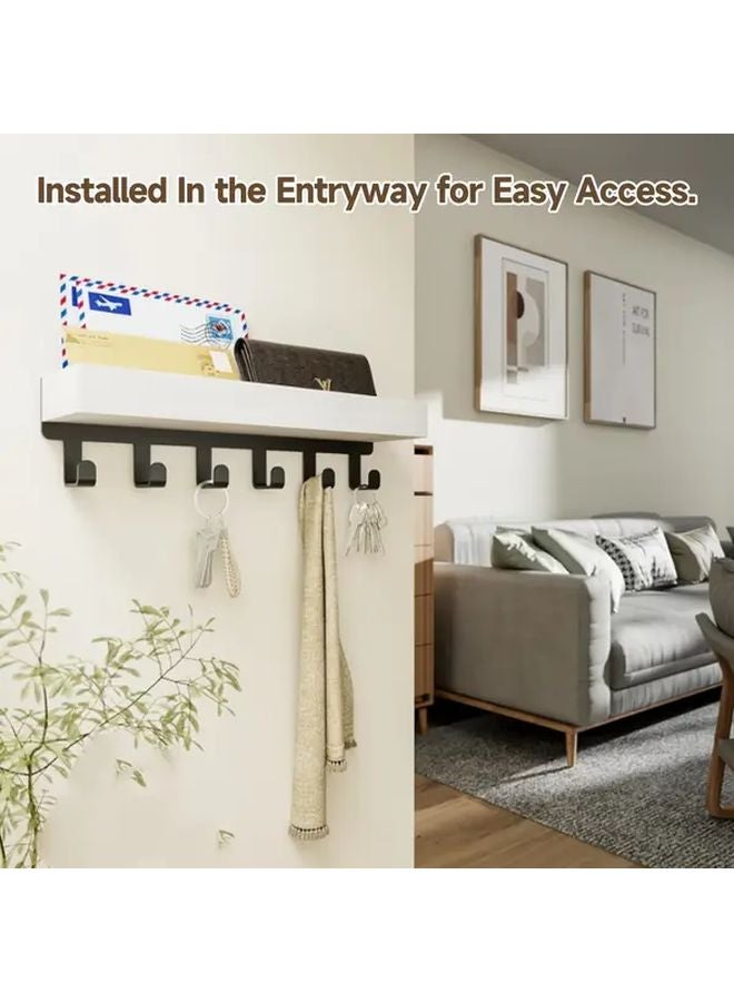 Brown Floating Shelf With 6 Hooks Wall Mounted Storage For Keys Mail Decor - Image 5