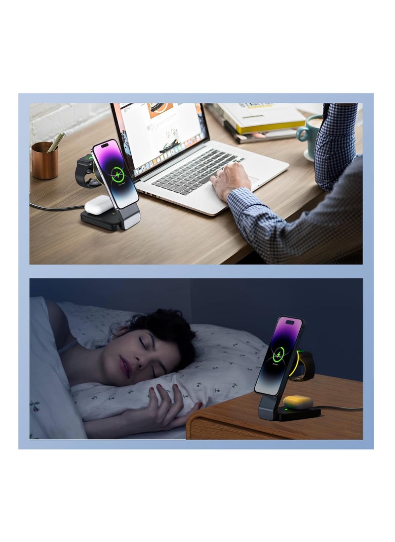 XICEN Magnetic Wireless Charger for Apple Series,Foldable Travel 3 in 1 Wireless Charging Station, 15W Fast Charger Stand for iPhone 15/14/13/12 Series,iWatch Series  - Image 5