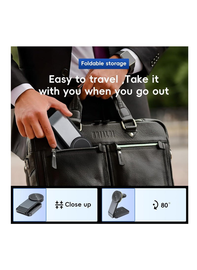 Magnetic Wireless Charger for Apple Series,Foldable Travel 3 in 1 Wireless Charging Station, 15W Fast Charger Stand for iPhone 15/14/13/12 Series,iWatch Series