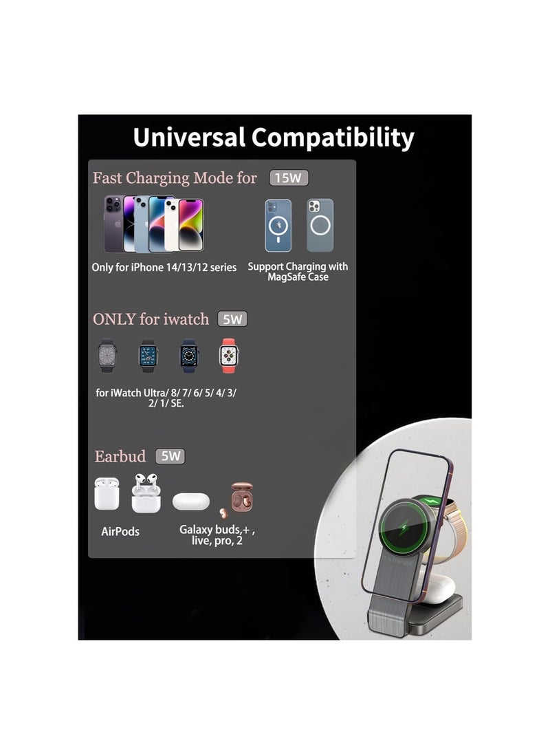 Magnetic Wireless Charger for Apple Series,Foldable Travel 3 in 1 Wireless Charging Station, 15W Fast Charger Stand for iPhone 15/14/13/12 Series,iWatch Series