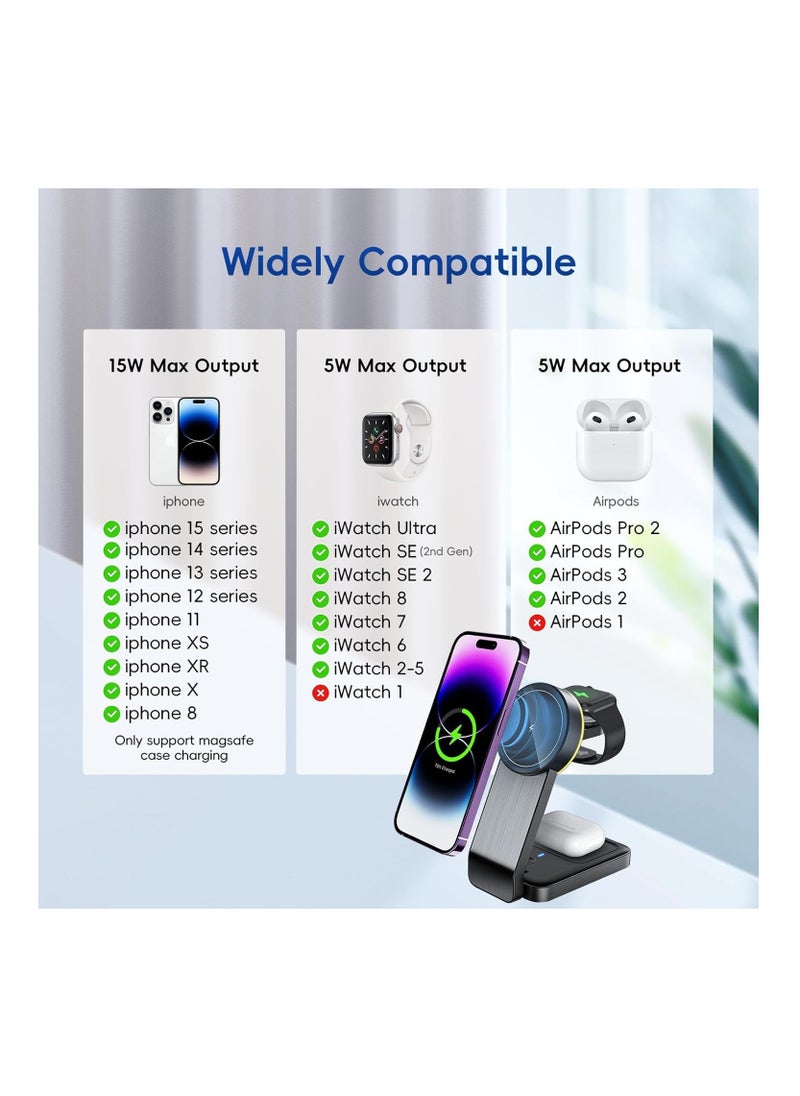 XICEN Magnetic Wireless Charger for Apple Series,Foldable Travel 3 in 1 Wireless Charging Station, 15W Fast Charger Stand for iPhone 15/14/13/12 Series,iWatch Series  - Image 2