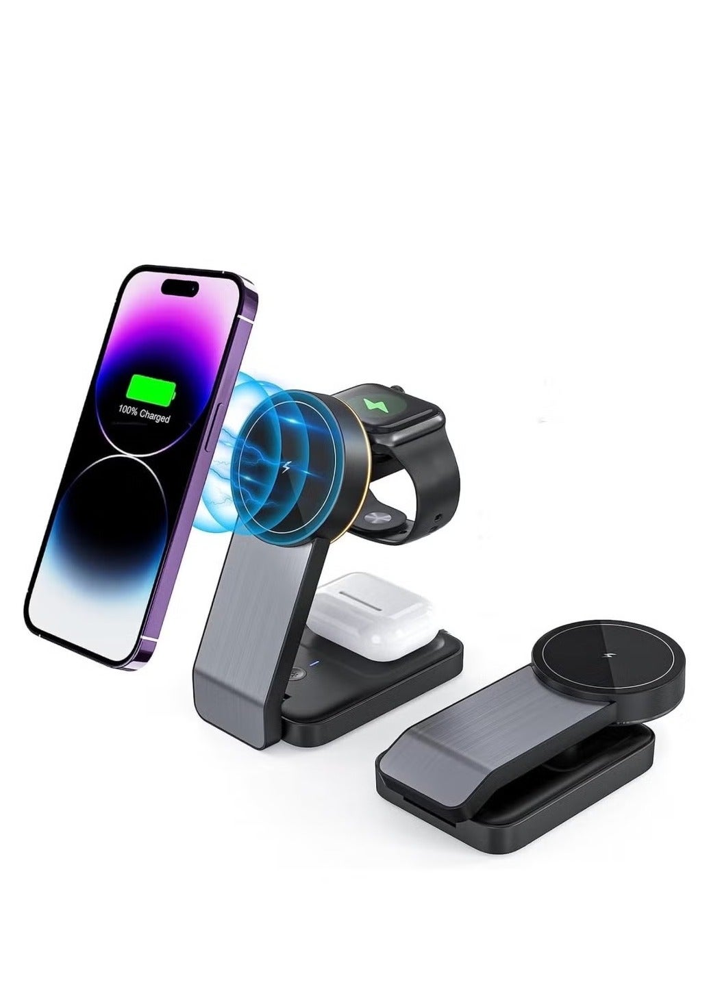 Magnetic Wireless Charger for Apple Series,Foldable Travel 3 in 1 Wireless Charging Station, 15W Fast Charger Stand for iPhone 15/14/13/12 Series,iWatch Series