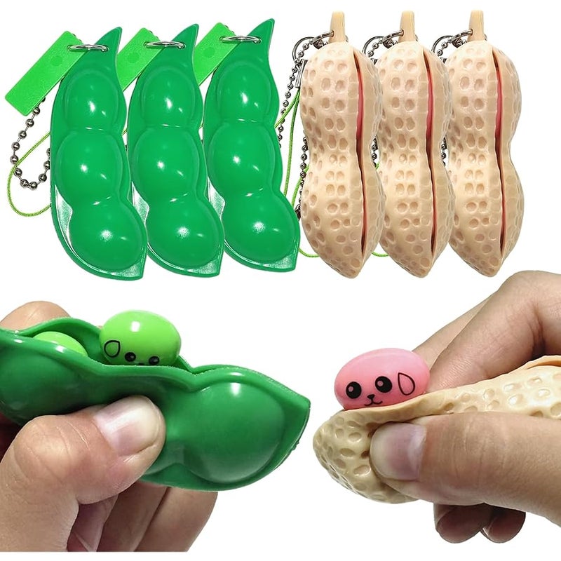 Ganjiang 6PCS Squeeze Bean Keychain Fidget Toys Pack for Both Children and Adult (3pcs Pea & 3pcs Peanut) - Image 1