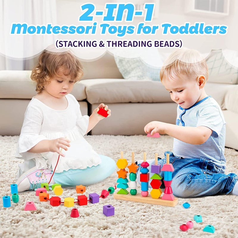 AM ANNA Wooden Beads Sequencing Toy Set - Lacing & Shape Matching for  Preschoolers - Image 2