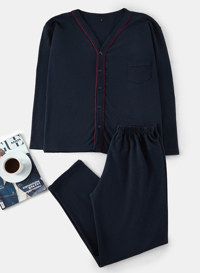 trendyol Navy Blue Buttoned Knitted Pajama Set TMNAW25PT00074 - Image 1