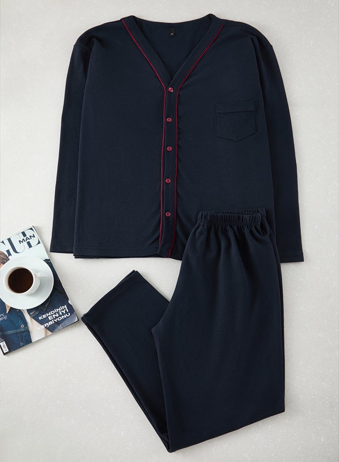 trendyol Navy Blue Buttoned Knitted Pajama Set TMNAW25PT00074  - Image 1