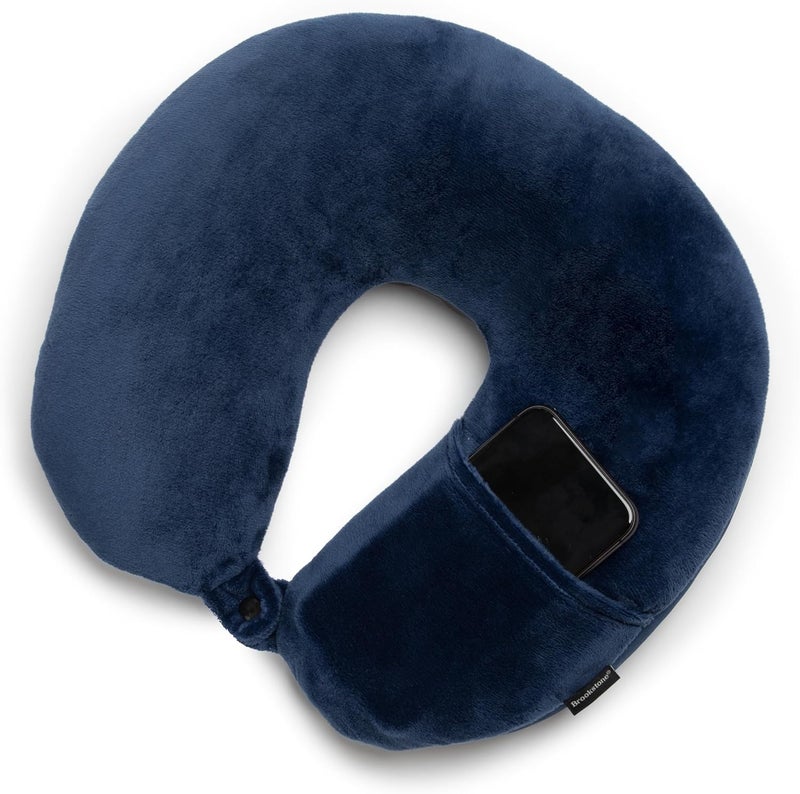 Brookstone Microbead Travel Head and Neck Pillow Lightweight and Plush with Phone or Headphone Pocket, Blue - Image 4