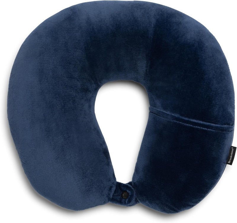 Brookstone Microbead Travel Head and Neck Pillow Lightweight and Plush with Phone or Headphone Pocket, Blue - Image 1