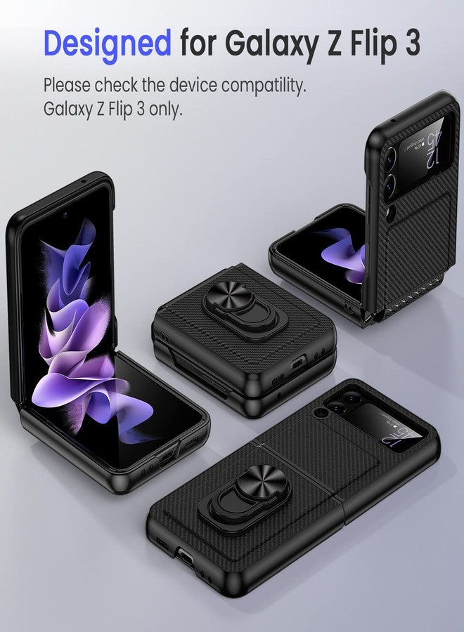 VEGO for Galaxy Z Flip 3 Stand Case with Hinge Protection, Full-Body Protective Case with Built-in Glass Camera Lens Protector for Samsung Galaxy Z Flip 3 5G (2021) - Carbon Fiber Black - Image 3