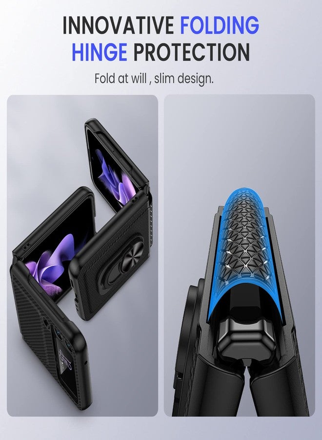 VEGO for Galaxy Z Flip 3 Stand Case with Hinge Protection, Full-Body Protective Case with Built-in Glass Camera Lens Protector for Samsung Galaxy Z Flip 3 5G (2021) - Carbon Fiber Black - Image 4